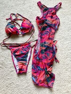 Vibrant Pink Swirl Bikini Set with Matching Cover-Up Dress